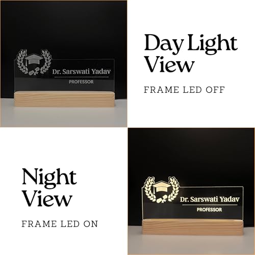 Image of Personalized Acrylic Desk Name Lamp for Professors | Custom LED Light with Name, Designation & University Logo | Best Birthday Rakhi Gift for Assistant Professor , HOD, Dean, Vice Chancellor, College Staff, Promotion farewell and New office joining (10 x 6 inch) (For Professor)