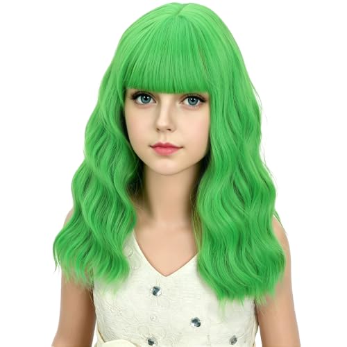Image of Adult Green Wig Women Short Green Wavy Curly Wigs Adult Wig with Air Bangs Synthetic Cosplay Hair Wigs
