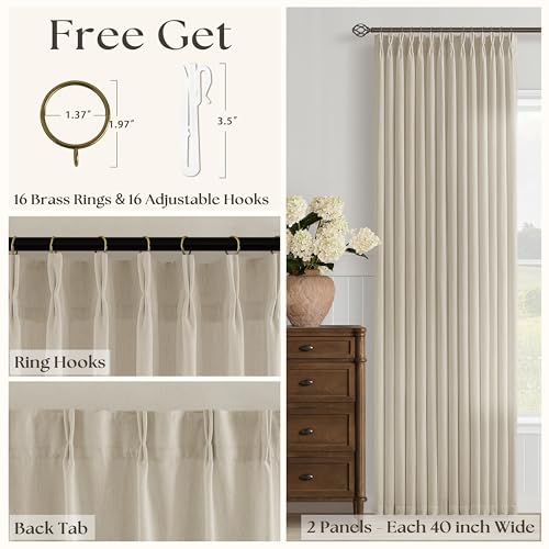 Image of Extra Wide Oatmeal Pinch Pleat Semi Sheer Linen Curtains 70x96 Inch 1 Panel