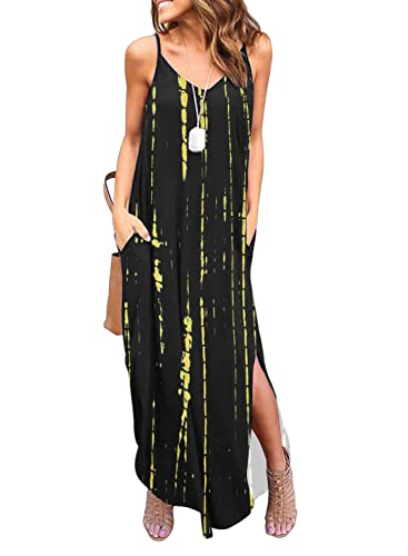 Image of HUSKARY Women's Summer Casual Sleeveless V Neck Strappy Split Loose Dress Beach Cover Up Long Cami Maxi Dresses with Pocket