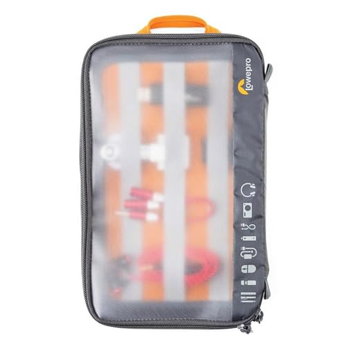 Lowepro GearUp Pouch Large, Borsa da Viaggio per Cavi PC, Adattatori, Batterie, Caricabatterie, Piccole Fotocamere, Chiavette USB, Custodia Accessori Laptop, Realizzata in Tessuto Riciclato, Grigia