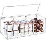 BEYGORM Acrylic Coffee Pod Holder with Lid for 24 Kcup, Clear Coffee Capsule Storage Organizer,3 Compartments Coffee Bar Station Organizer Compatible with Coffee Pod, Coffee Creamer