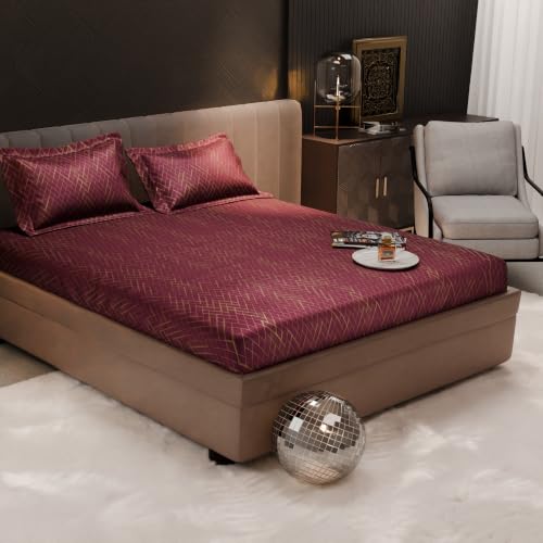 Image of Stoa Paris 300TC UltraSatin Double Fitted Bedsheet Set with 2 Pillow Covers, Gentle on Skin & Hair, Wrinkle & Fade Resistant, Home Decor, Gift for Couple, Starlit Night - Wine (152cmx198cm+30cm)