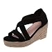 Sandali da donna piatti, comodi, alla moda, estivi, da donna, con zeppa, piattaforma aperta e cross Strap casual, Nero , 36 EU