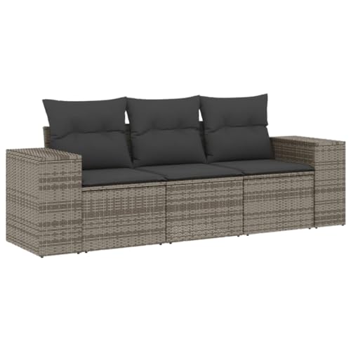 QJBSAVVA 3-TLG. Garten-Sofagarnitur mit Kissen, Grau Poly Rattan Lounge Set mit integriertem Stauraum, Modulare Sitzgruppe Outdoor Sofa Gartenmöbel für Terrasse und Balkon
