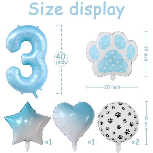 Image of Dog and Cat 3rd Birthday Paw Print Foil Mylar Balloons Pet Decorations Set | 40IN Blue Number 3 Helium balloons Heart Star Round Paw Balloon for Pet Theme or Children 3rd Birthday Party Supplies 6PCS