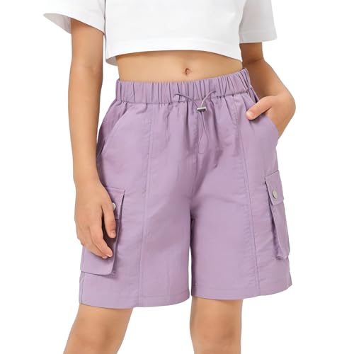 Image of Rolanko Girls Cargo Shorts Lightweight Parachute Short Pants with Pockets Summer Cargo Shorts for Kids Casual Hiking Sports