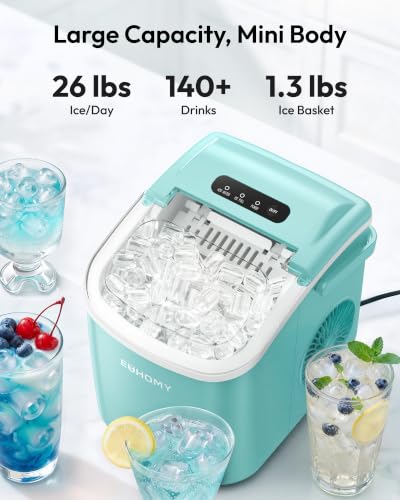 Image of EUHOMY Countertop Ice Maker Machine with Handle, 26lbs Per Day, 9 Ice Cubes Ready in 6 Mins, Auto-Cleaning Portable Ice Maker with Basket and Scoop, for Home /Kitchen /Camping /RV (Green)