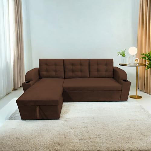 Image of Casaliving Grance LHS 4 Seater Corner Sofa Cum Bed for Living Room with Storage (Brown in Fabric) Premium Fabric Sofa