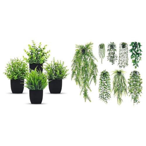 Der Rose Bundle of 4 Pack Fake Plants and 8 Pack Faux Plants for Bedroom Kitchen Living Room Outdoor Decor