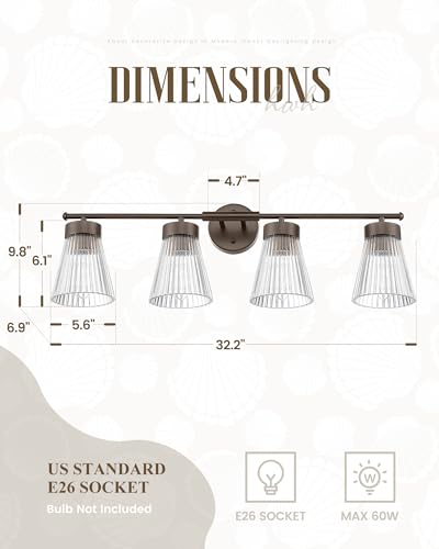 Image of 4-Light Bathroom Vanity Light, HWH Oil-Rubbed Bronze Bathroom Light Fixtures Farmhouse Vanity Lamp Over Mirror with Clear Striped Glass Shade, 5HZG97B-4W ORB