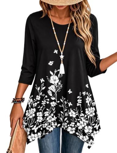 Image of Zeagoo Womens Tops 3 /4 Sleeve Loose Fit Dressy Tunics Plus Size Boho Shirts
