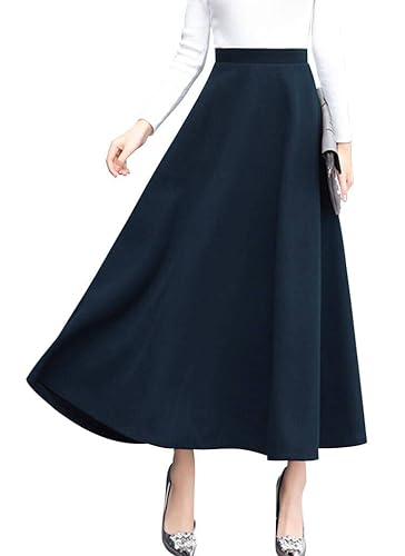 ebossy Women's Vintage High Waist Wool Blend Plaid A-Line Long