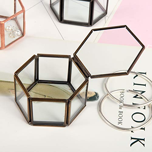 Feyarl Tiny Glass Jewelry Trinket Box Ornate Ring Earring Box Preserved Flower Glass Box Organizer Decorative Box With Lid For Wedding Dresser Deco(Brass) #TOP4