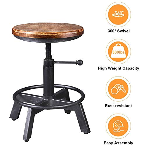 BOKKOLIK Set of 2-Industrial Bar Stools-Farmhouse Swivel Counter Stool-Height Adjustable 24.4-27.5inch-Kitchen Island Dining Stool-Extra Guest Seating