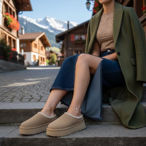 Image of CUSHIONAIRE Kabuki Platform Boots Genuine Suede Fuzzy Mule Slippers for Women with Memory Foam | Indoor /Outdoor Womens Slippers | Wide Widths Available
