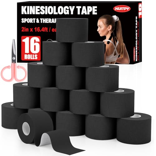 16 Rolls Kinesiology Tape 2 inch x 16.4 Feet Waterproof Athletic Tape Uncut Kinetic Tape Elastic Muscle Tape Sports Tape Knee Tape for Exercise and Daily Use - Black