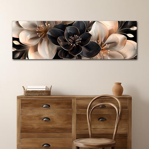 Affiche imprimée de fleurs noires et beiges sur toile panoramique