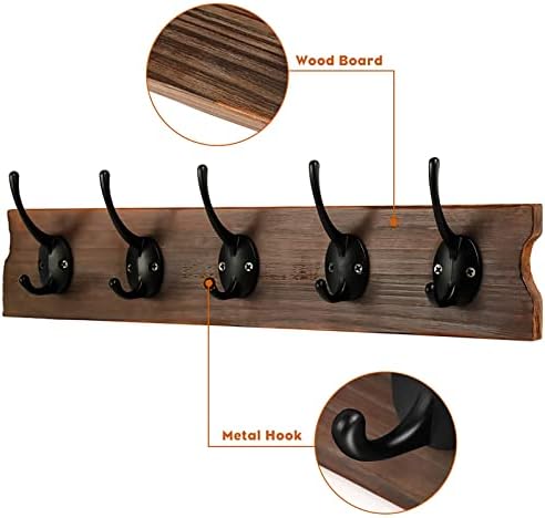 WHITGO Coat Hooks Wall Mounted, 5 Hooks Wooden Coat Hook Rail for Coat Hat Towel Robe Hat Clothes Purse Robes Kitchen Bathroom Entryway (Dark Brown, 1 Pack)