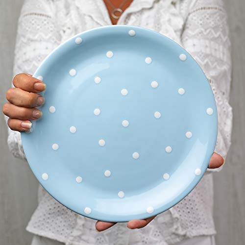 City To Cottage Handmade Light Sky Blue And White Pottery Polka Dot Glazed 10Inch/25.5Cm Flat Dinner Plate | Ceramic Unique Dinnerware, Housewarming Gift #TOP3