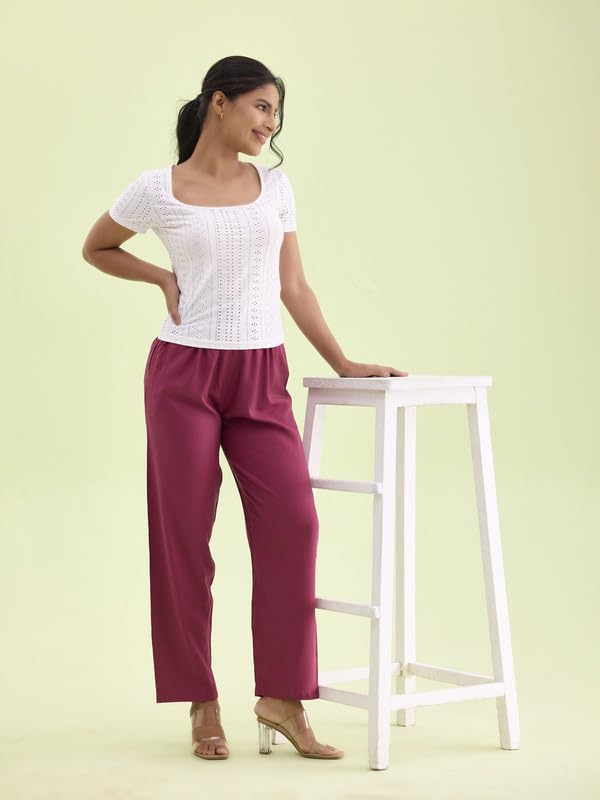 Image of GO COLORS Women Solid Mid Rise Relaxed Fit Viscose Casual Pants