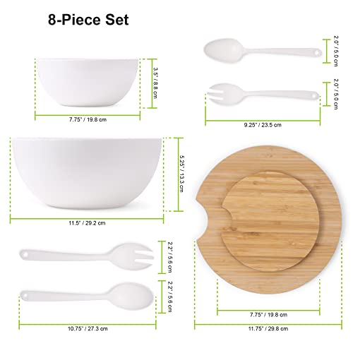 Clean Dezign Large Salad And Serving Bowl With Bamboo Wood Lid And Servers 8Pc Set - 11.5" And 8" Bamboo Fiber Pasta Bowls And Utensils With Wooden Cutting Board Tops (Natural White) #TOP4