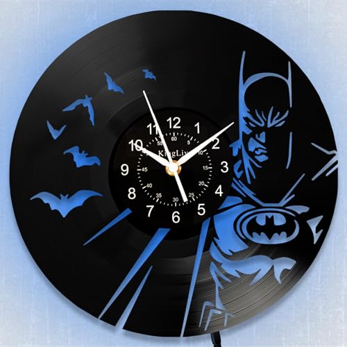 Bat Theme Vinyl Record Clock, 12 Inch LED 7-Color Night Light Bruce Decor Silent Wall Clock Round Classic Comics Justice Bat Hero Man Gifts, Luminous Home Decor