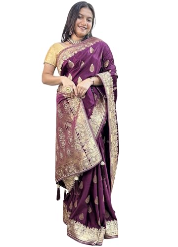 Image of Women's Banarasi Silk Georgette Saree Featuring Silver Sequin And Mirror Work