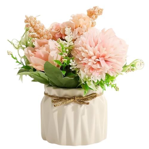 Artificial Flowers with Vase - Realistic Hydrangea Roses Silk Flowers Arrangements no maintenance required Fake Flowers in Pot for Home Decoration Wedding Table Living Room Bedroom Office Party Deco