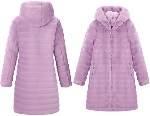 Risissida Long Faux Fur Coat For Women Faux Fur Jacket With Hood Fuzzy Fleece Winter Fall Spring Fashion, Thermal Wool Shearling Warm Fluffy Furry Overcoat Zip Up Outerwear Pink Purple 120757A L #TOP1