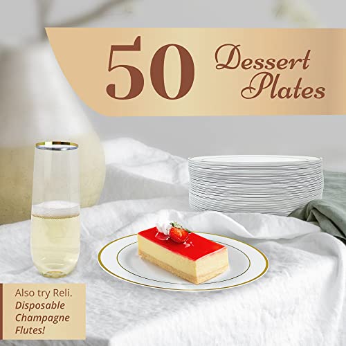 Reli. 50 Pcs Plastic Dessert Plates, Disposable (7.5 Inch, White W/Gold Rim) | Plastic Plates For Party, Heavy Duty | Hard Plastic Small Dessert Plates For Wedding, Birthday, Salad/Appetizer (7.5") #TOP1