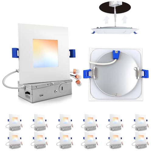 Adetu 12個パック 4インチ 正方形 LED 埋め込み型照明 5CCT 超薄型正方形LEDシーリングライト ジャンクションボックス付き 10W 860LM CRI90 2700K-5000K 選択可能 調光可能 缶なしダウンライト ETLとエナジースター（Amazon）