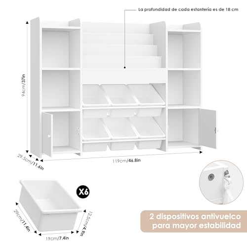FOREHILL Mueble Almacenaje Juguetes, Mueble Juguetes Organizador, Librería Infantil Montessori, Estantería Infantil para Jugetes Libros, Organizador Juguetes Infantil con 6 Cajas, Blanco 119x29.5x94cm - imagen 3