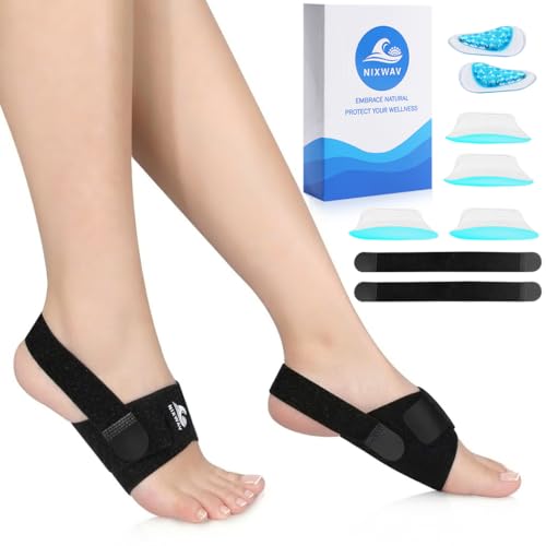 NIXWAV Arch Support Braces (10PCS) for Plantar Fasciitis Relief Adjustable Compression Bands with 3-Level Height Gel Pads & Replaceable Inserts Arch Support Inserts Women & Men for Flat Feet High & Fallen Arches (Black One Size)