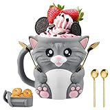 Katzen Eisbecher Halter für Ostergeschenke Kinder & Erwachsene, 3D Niedlicher Ice Cream Pint Holder mit 2 Löffeln und Geheimer Snackschublade, Osterdeko für Innen/Tisch, 500ml