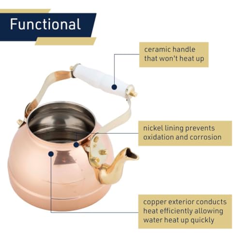Classic Cuisine Copper Tea Kettle - Teapot for Stovetop with Copper Exterior, Nickel Lining, and Ceramic Handle - 7.25C/1.8Q Vintage-Style Kettle - Perfect for Tea, Coffee, or Cooking by Classic Cuisine - Image 2