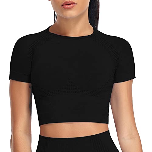 Yaavii Sport Oberteile Damen Kurzarm Gym T-Shirts Bauchfrei Crop Top Fitness Schwarz M