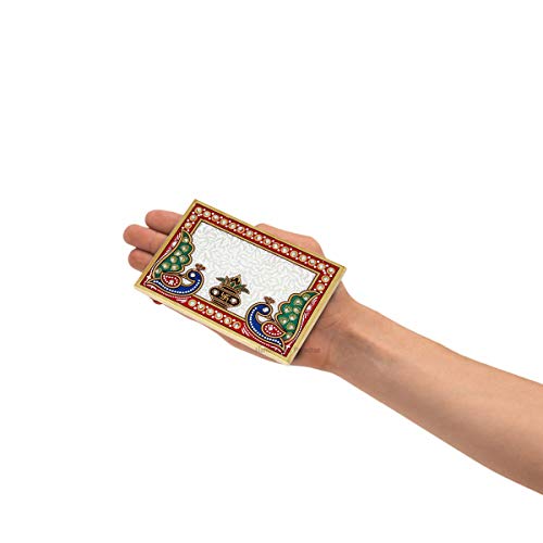 Handicrafts Paradise Marble Puja Chowki Rectangle Shape With Peacock Design And Kalash Used To Keep Pooja Items #TOP3