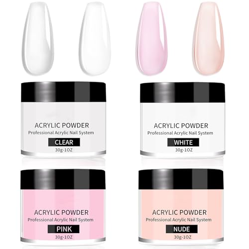 Acrylic Powder Set - 4 * 30g Acrylic Nail Powder - Clear White Nude Pink acrylic powder for Nails Extension Nail Carving French Manicure Nail Art - Long Lasting for 21+ Days No Need UV Lamp
