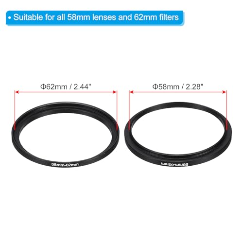 PATIKIL 58mm-62mm Metal Step Up Ring with Cleaning Cloth, 2 Pack Camera Lens Filter Adapter Ring Aluminum Filter Adapter Ring for Camera Lenses Hood, Black - Image 2