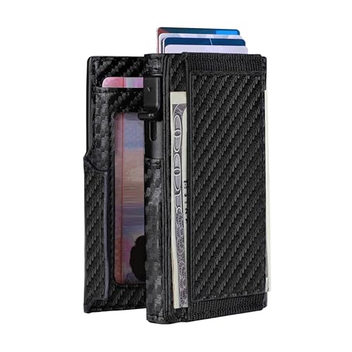 Image of Minimalist Pop Up Wallet for Men | RFID Blocking Credit Card Holder Wallet with Money Clip | Mens Wallet Slim Bifold Front Pocket Metal Case with Gift Box, Carbon Black, 0.9 x 2.8 x 3.8