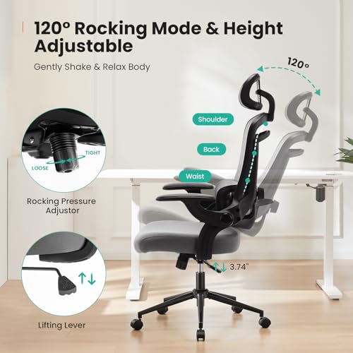 Sweetcrispy Ergonomic Desk Chair Office Chair, 300 LBS Home Mesh Office Desk Chairs with Wheels, 2D Headrest, Up&Down Lumbar Support, Swivel High Back Computer Chair with Flip-up Armrests,Dark Grey - Image 7