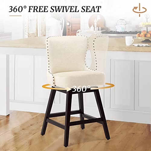 Cozyman Counter Height Bar Stools Set Of 2, 26" H Swivel Bar Stool With Back, Linen Fabric Counter Stool, Solid Wood Legs, Retro Upholstered Barstools For Kitchen Island, Home Bar, Pub, Beige #TOP3