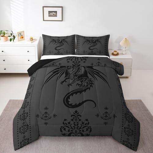 Image of Feelyou Dragon Bedding Set Kids Boys Teens Gothic Damask Paisley Floral Comforter Set Full Size Women Bohemian Exotic Duvet Insert Animal Theme Room Decor,Grey Black