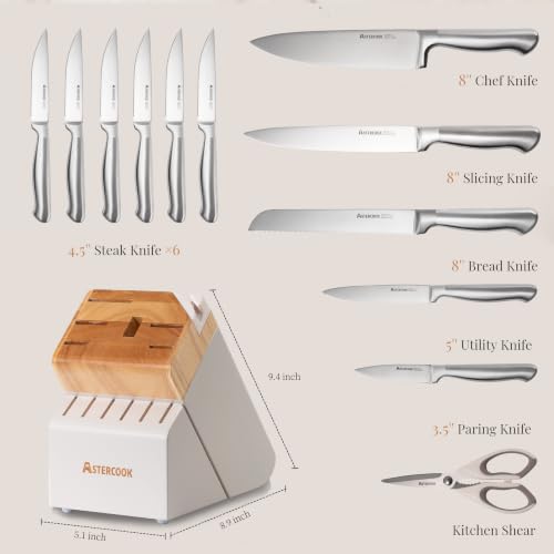 Image of Astercook Knife Set for Kitchen with Block Sharpener 14Pcs Dishwasher Safe | Full Tang Stainless Steel Knives and Anti-Slip Ergonomic Handle Utensils Set