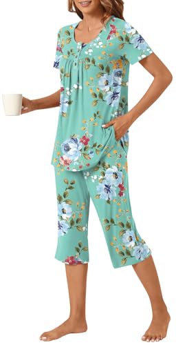 Image of Womens Summer Pajama Sets 2 Piece Short Sleeve Top and Capri Pants Plus Size Ladies Lounge Pjs Sets with Pockets