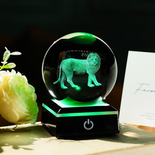 Arikyrist 3D Lion Figurine Crystal Ball with LED Base Laser Lion Gifts for Men Women on Christmas Birthday Decorative Lion Statue Ball Glass Animals Globe Night Light for Home Decor (80mm)