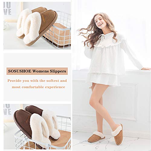 SOSUSHOE Women Slippers Fluffy Fur Slip On House Slippers Soft and Warm House Shoes for Indoor Outdoor, Deep Brown, 7-8 - Thumbnail 2