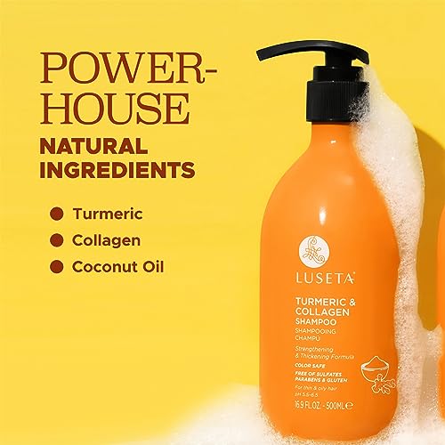 Image of LUSETA Turmeric Collagen Shampoo for Fuller Looking Hair, 16.9 oz | Fine or Oily Hair Care, Fuller-Looking Volume, Turmeric Collagen Blend, Color-Safe Wash, Sulfate-Free Formula
