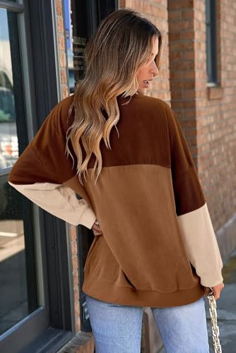 KISSMODA Women's Casual Long Sleeve Sweatshirt Color Block/Solid Crewneck Corduroy Pullover Cute Tops